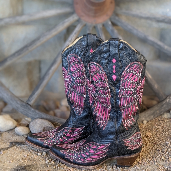 CORRAL A1049 pink/black Wing & cross snip toe blingy cowgirl western boots sz 6 - Picture 5 of 16